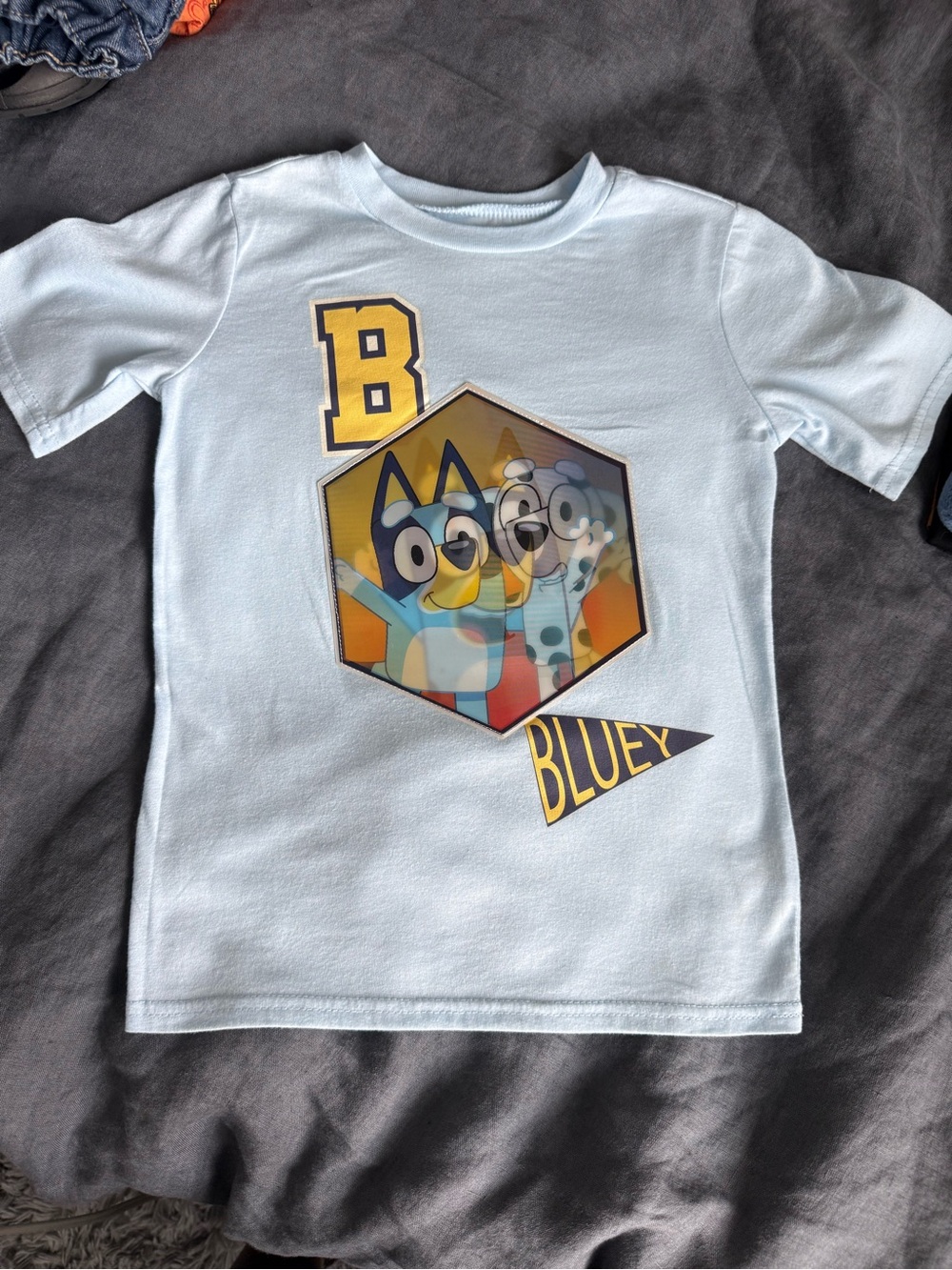 Bluey and friend light blue holographic Boys Tee. Size 5